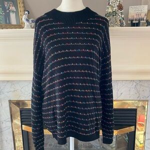 Vintage Rose Fun Chic Black Crewneck Sweater with Multicolor Stripes
